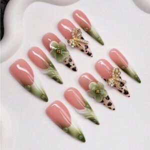 Pink & Olive Floral Stiletto Press-On Nails with Gold Accents